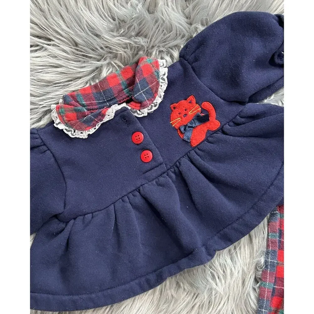 Vintage 90s Honors Baby 2pc Plaid Kitty 6/9month Outfit‎